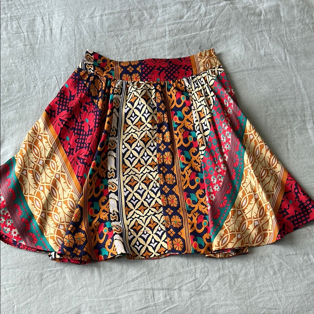 Multicolor Bohemian Print Silk Skirt by Viola w/ Scarlet Waist Tie & Teal Liner